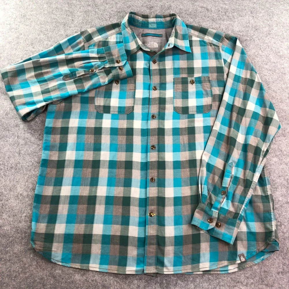 The North Face Mens XL Blue Plaid Cotton Long Sleeve Shirt Outdoor Hiking